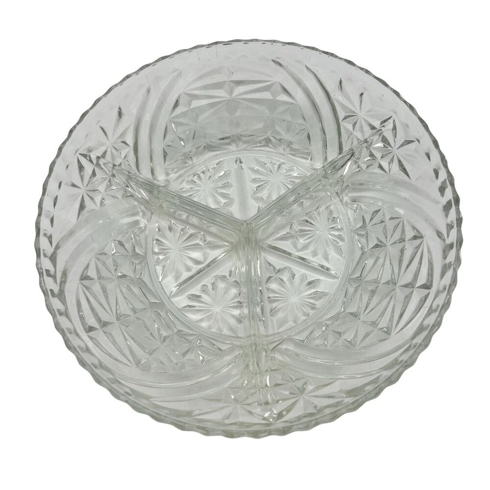 Vintage Clear Cut Glass Divided Serving Dish With Starburst Pattern